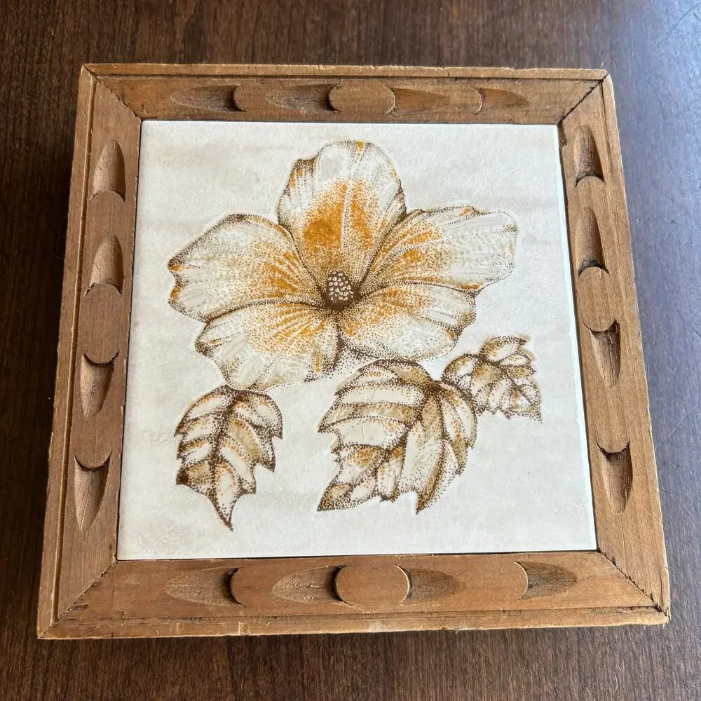 Vintage Italian S. Marco Floral ceramic tile trivet carved wood frame